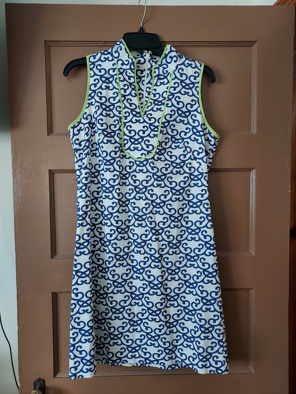 Vince Camuto Blue & White Asymmetrical Sleeveless Shift Dress with Lime Trim